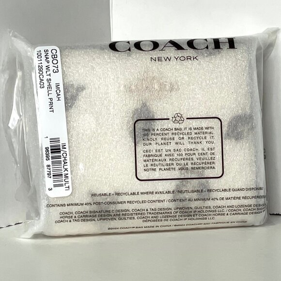 Coach Snap Wallet ID Shell Print CBO73 White Brown Small Billfold ORGPKG Charm - Picture 2 of 8